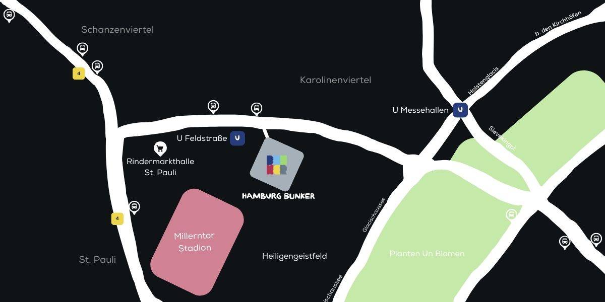 Anfahrt- und Lageplan des REVERB by Hard Rock Hotel Hamburg im BUNKER mit U-Bahn-Stationen Feldstraße und Messehallen sowie umliegenden Vierteln und Sehenswürdigkeiten.